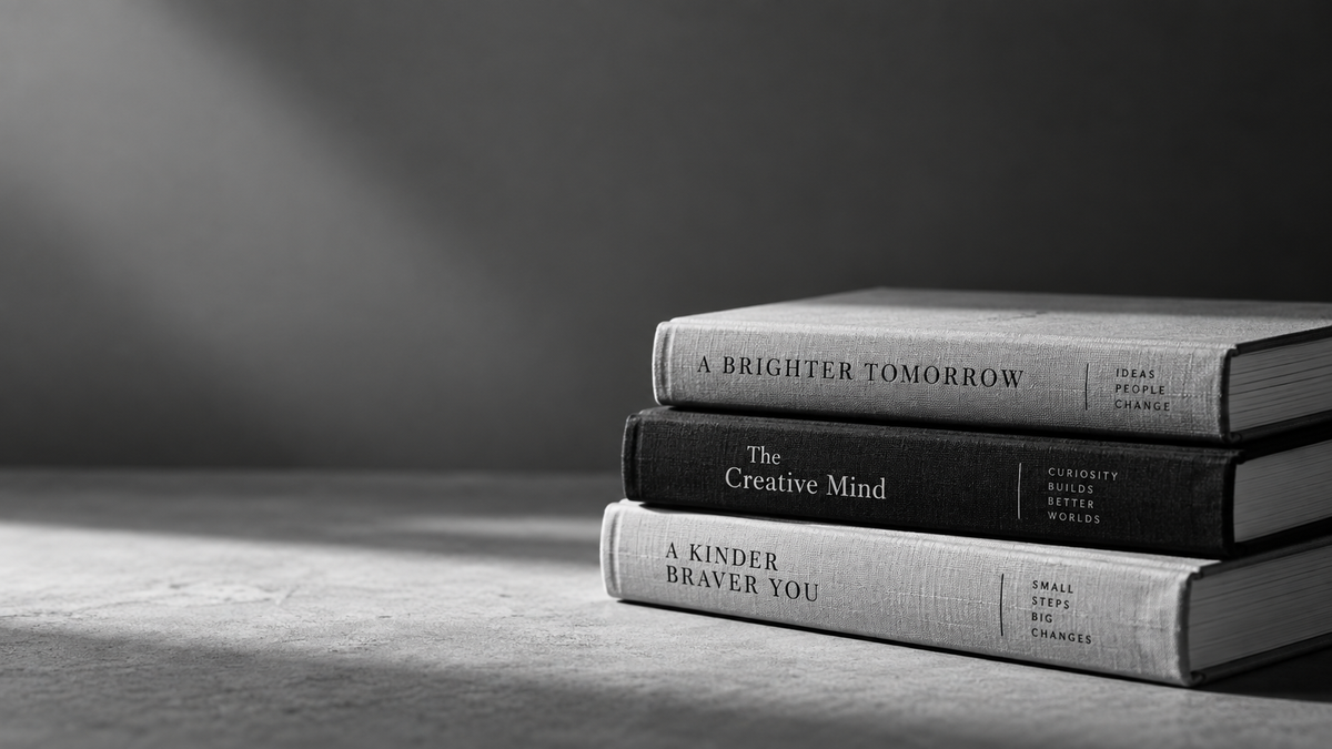 Minimalist black-and-white stack of books on a plain surface, representing Chaptered's collection of clear, practical guides